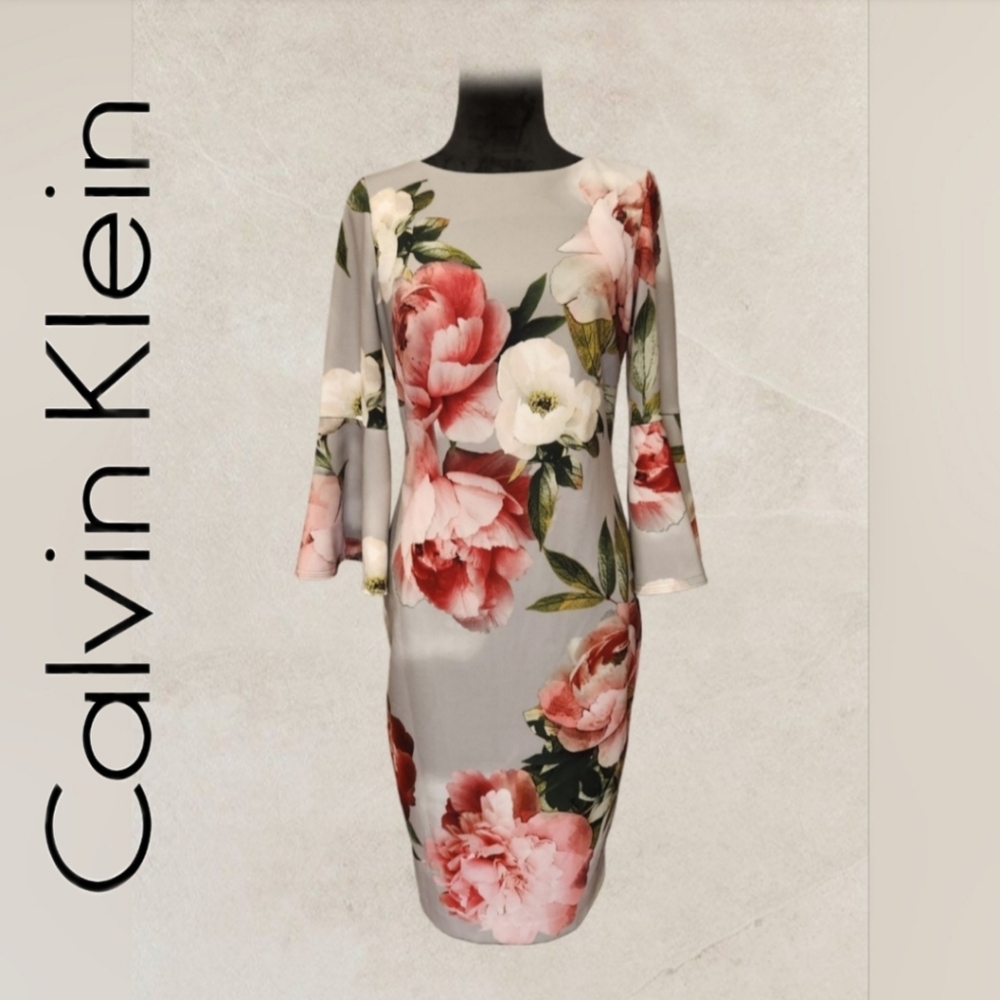 Calvin Klein Gray Floral Midi Dress with Pink Blooms
